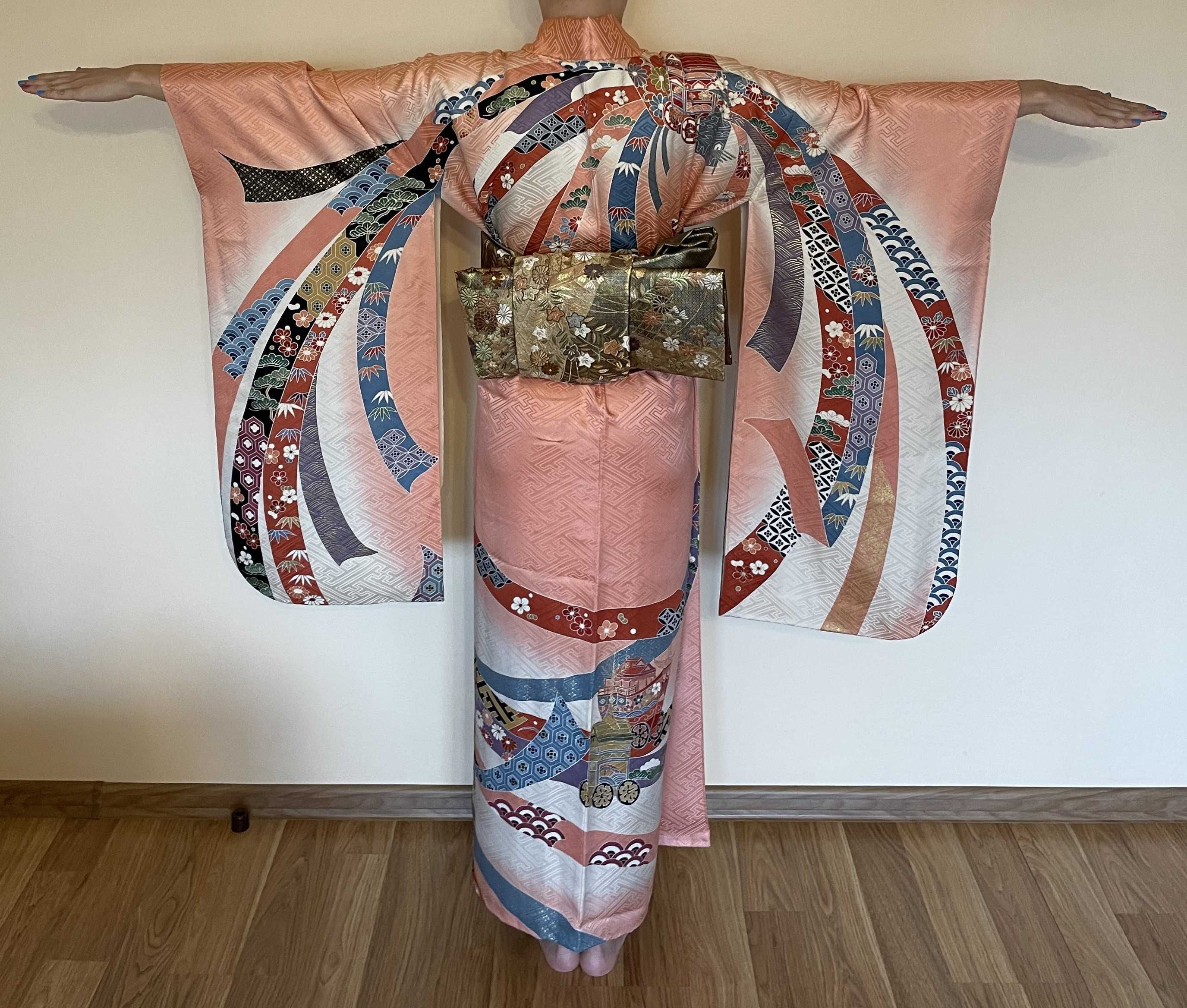 Japońskie kimono furisode + pas obi + sznur obijime