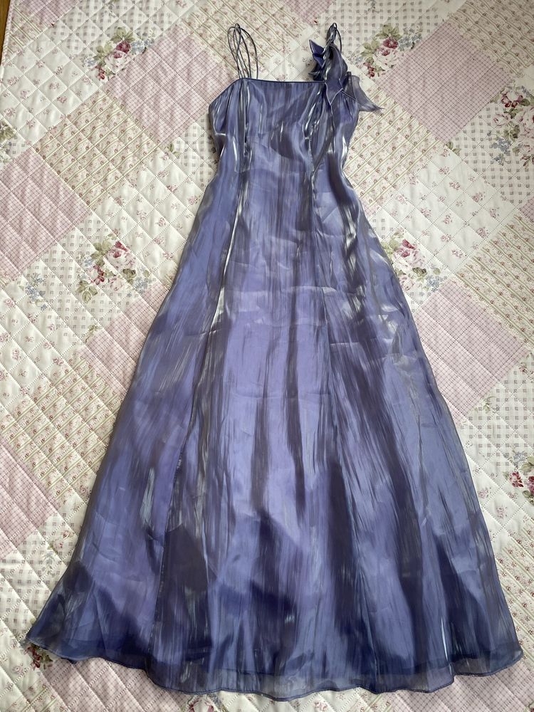 Fioletowa maxi długa balowa sukienka XS 34 fairy début studniówka mesh