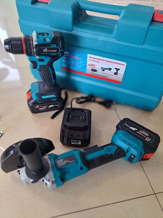 Szlifierka akumulatorowa plus wkrętarka  aku 2x aku 48v ładowarka zest