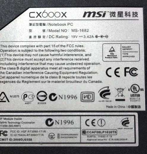 Ноутбук MSI CX600x 16 дюймов запчасти