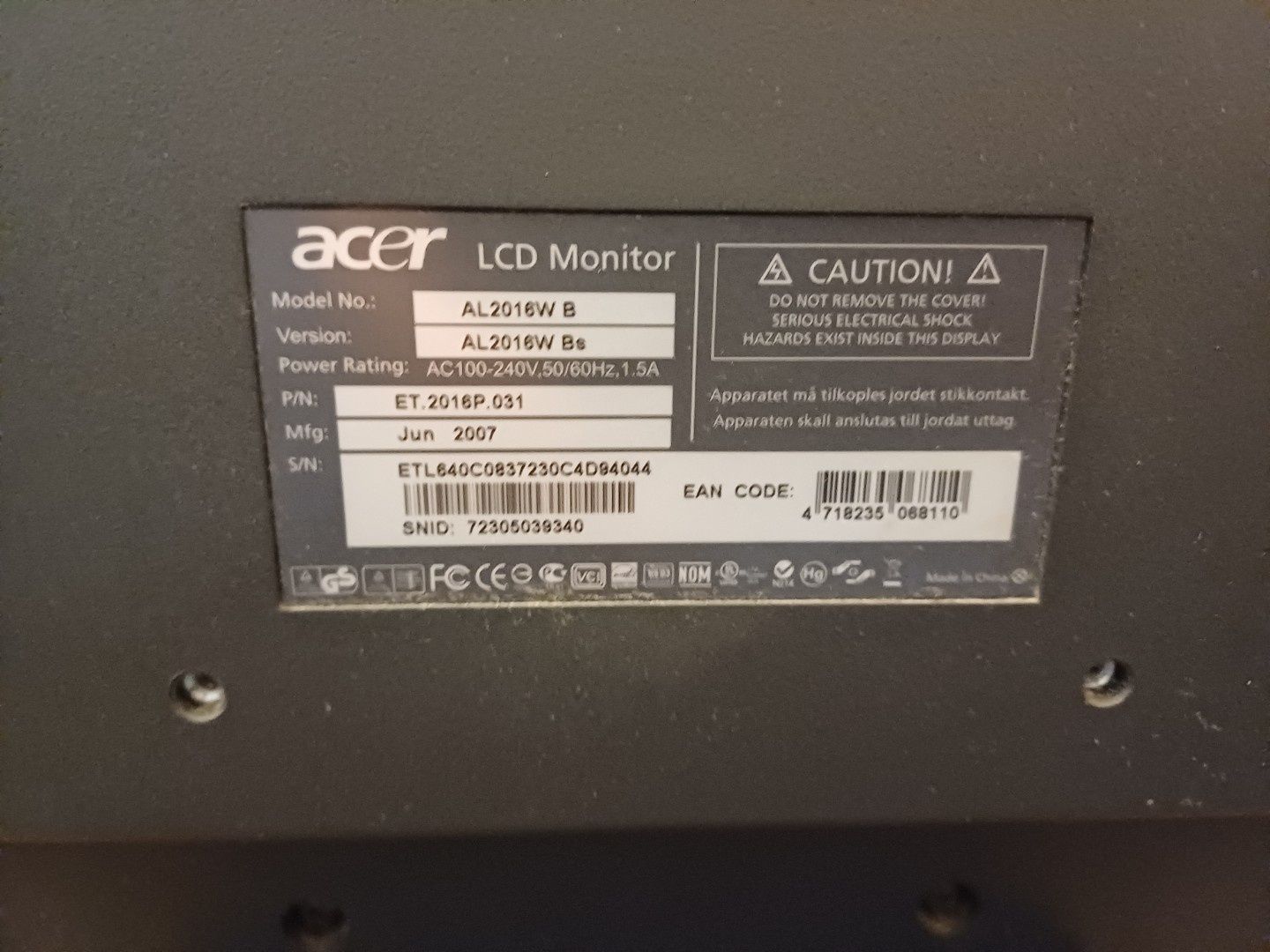 Monitor ACER AL 2016WB