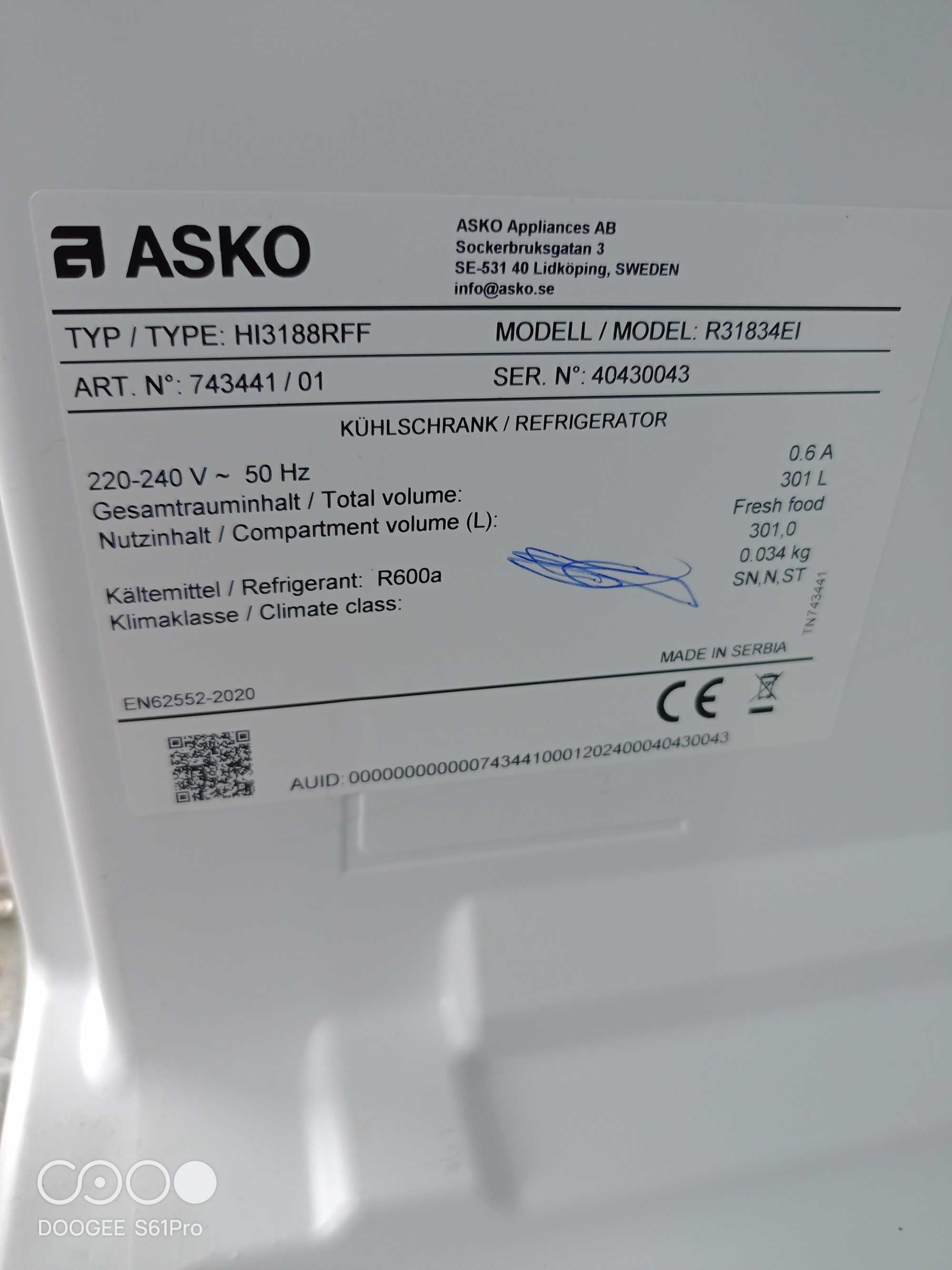 Chłodziarka Asko R31834EI
