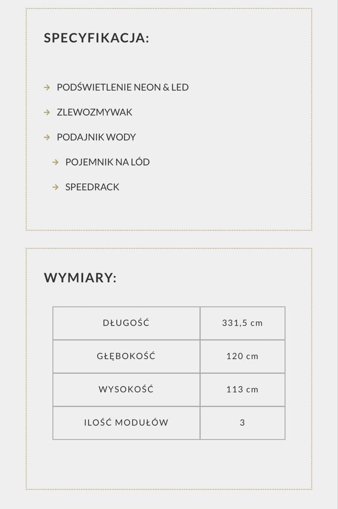 Bar modułowy mobilny wymiary 331,5 x 120 cm