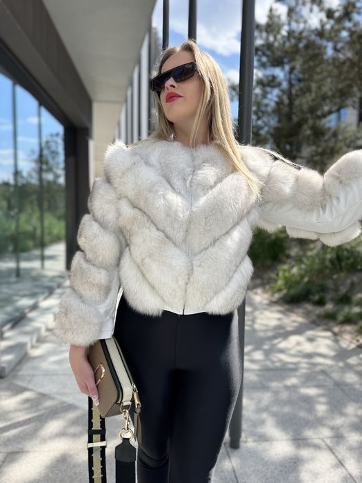 Futro naturalne 2 w 1 z lisa białego xs/s NOWE w jodełkę PREMIUM kurtk