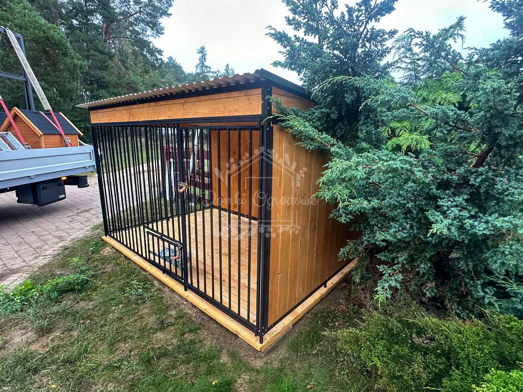 Kojec dla psa 3x2m Ściany podłoga drewno Miski obrotowe DI695