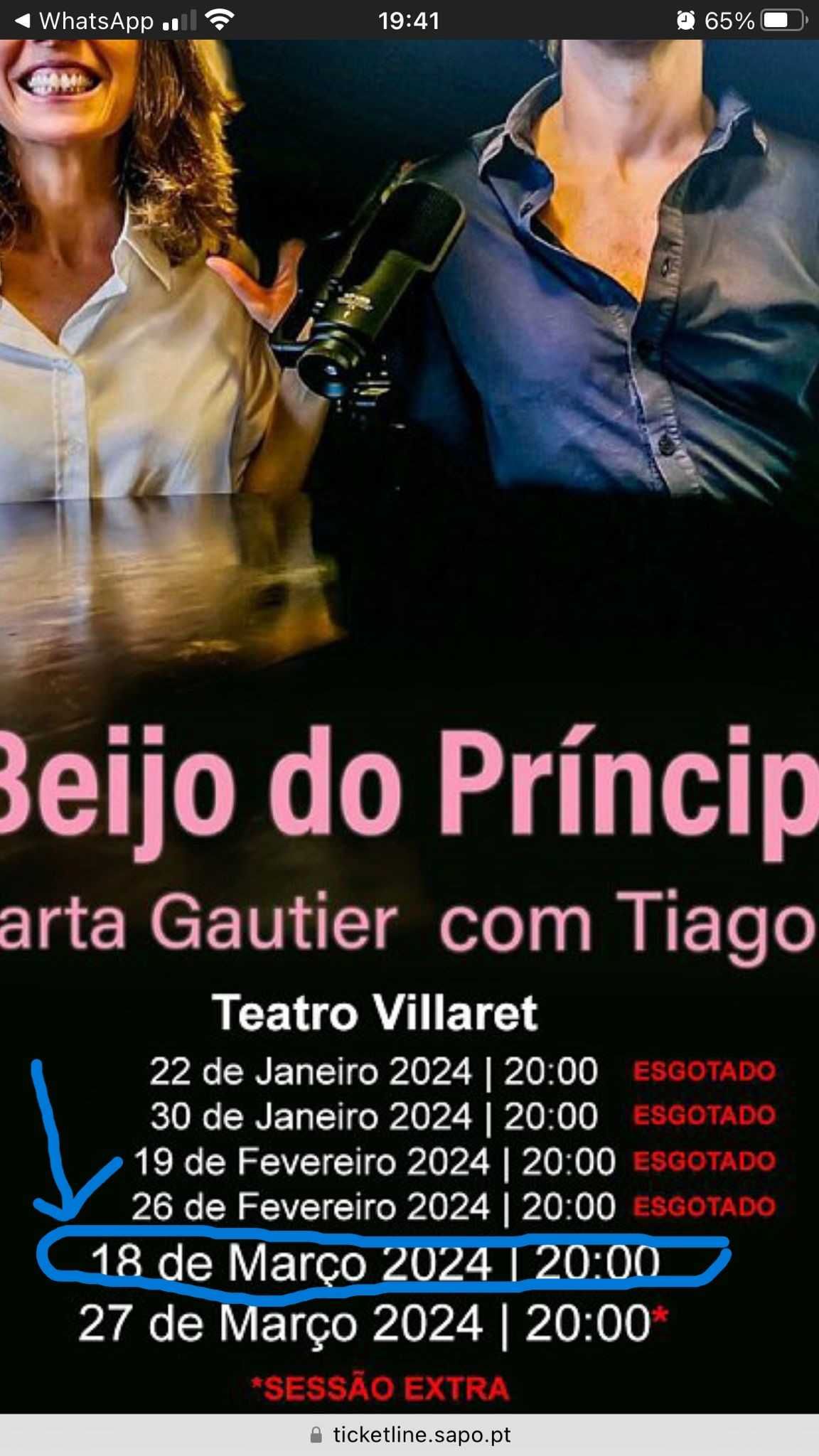 URGENTE - 2 bilhetes “O beijo do Príncipe” - 18/03/2024 (20:00)