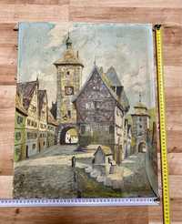 Obraz olejny na płótnie. Niemcy widok na Rothemburg 1936 r.  40x50cm