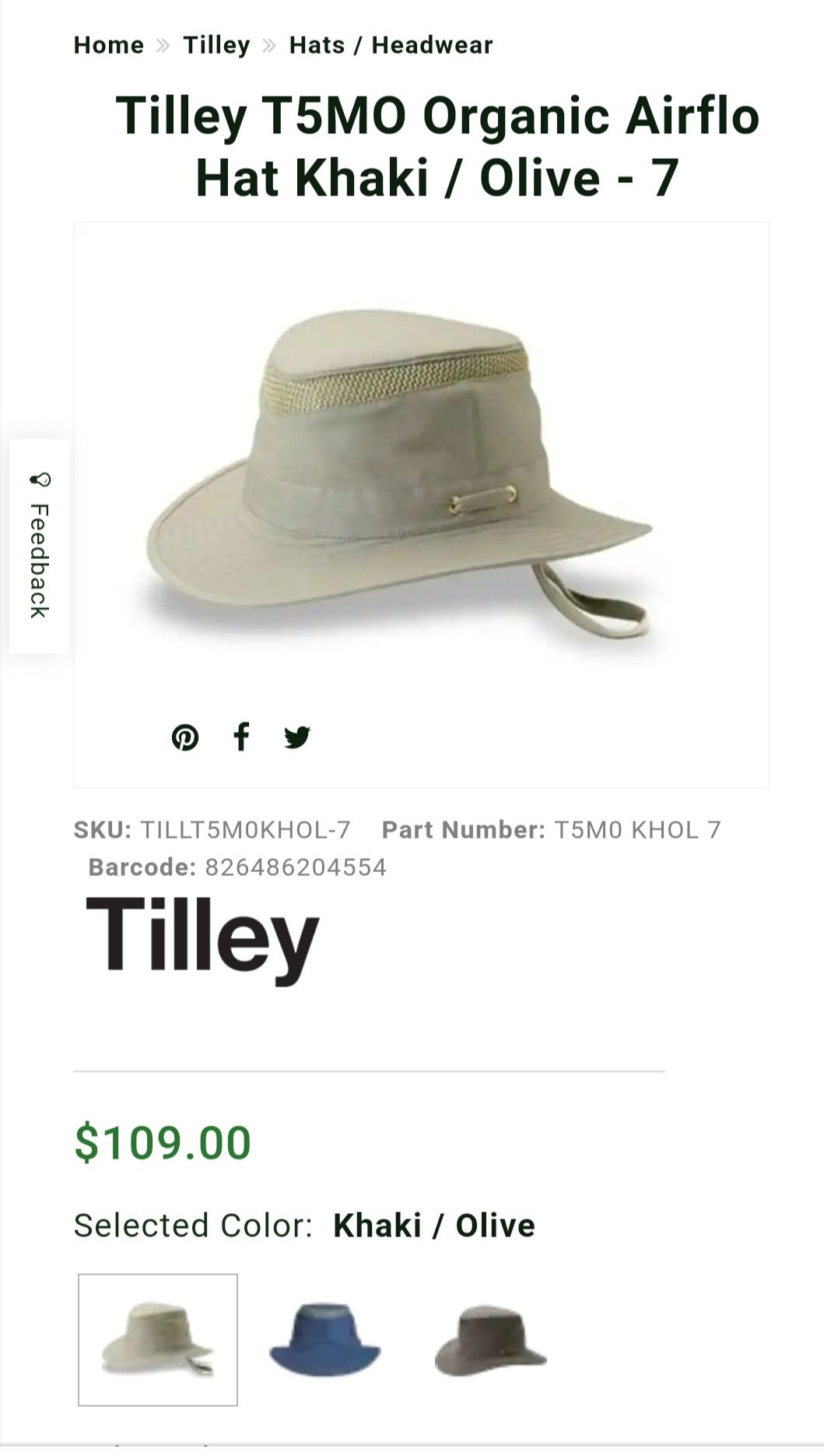 Панама Tilley Endurables T5MO Eco-Airflo Khaki/Olive (хакі)