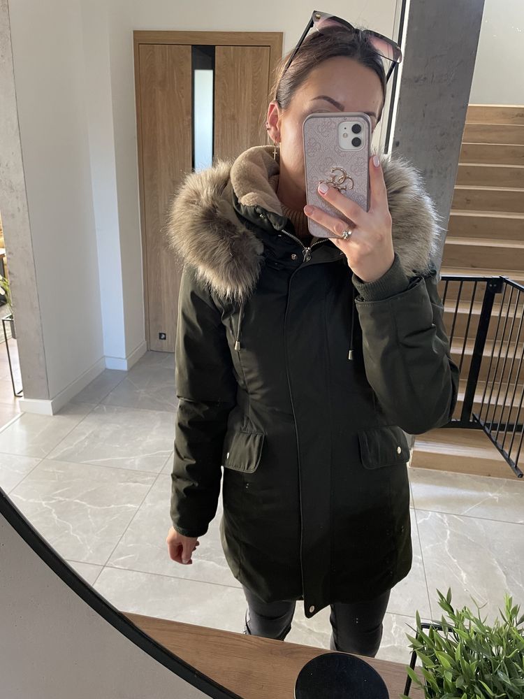 Zara kurtka zimowa parka miś futerko M 38 khaki płaszcz