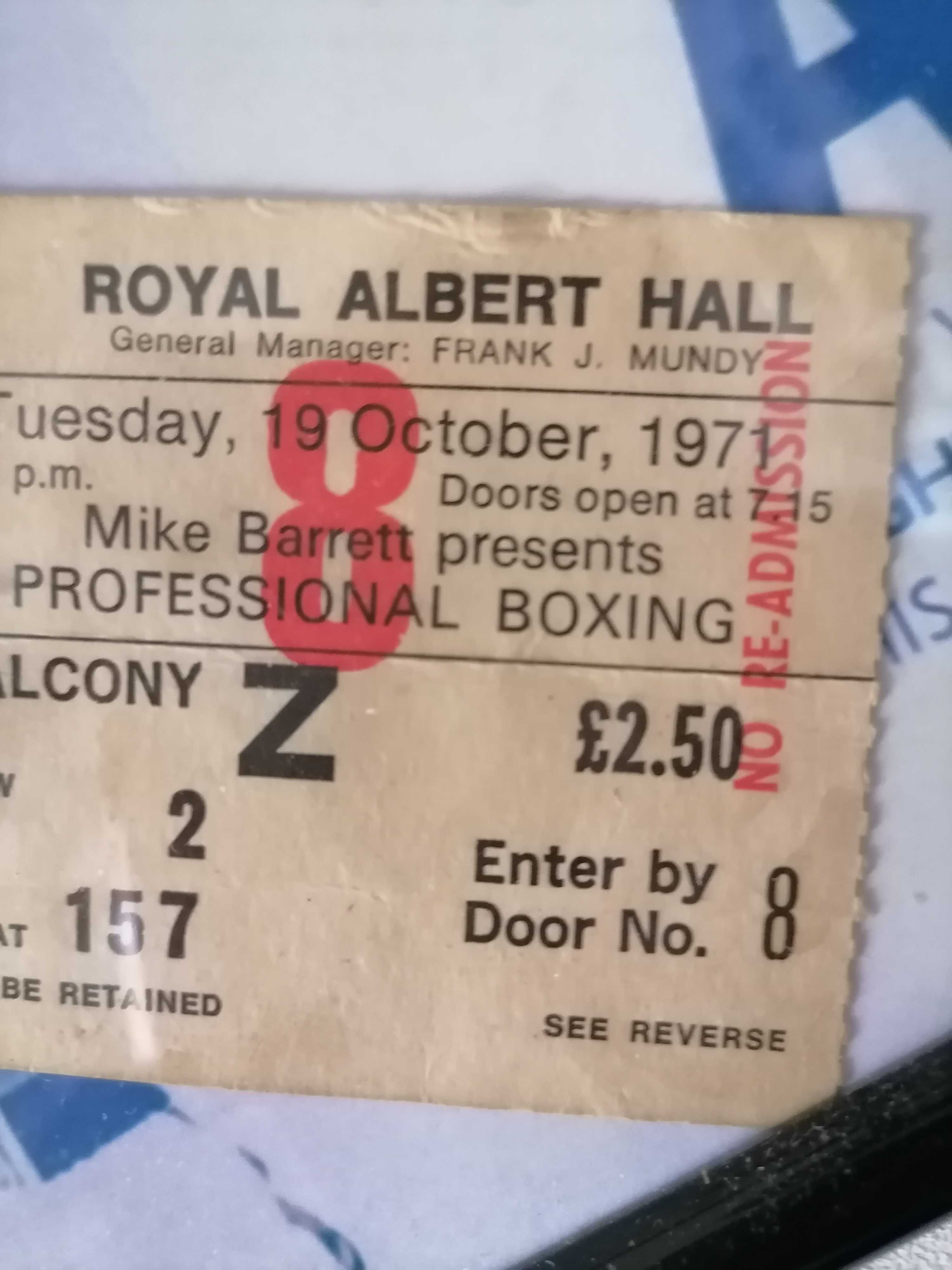 BOXE Raríssimo MUHAMMAD ALI 1971 Bilhete ORIGINAL Combate Royal Hall