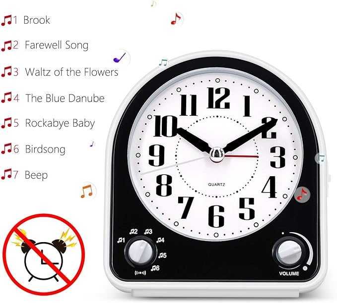 Analogowy budzik Eachui z 7 dźwiękami alarmu, lampką nocną