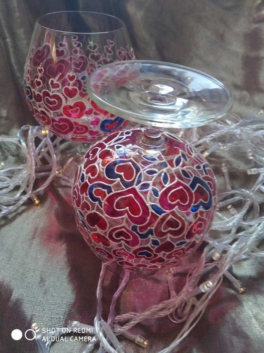Фужери або бокали "сердечка". Авторський вітражний розпис. Handmade