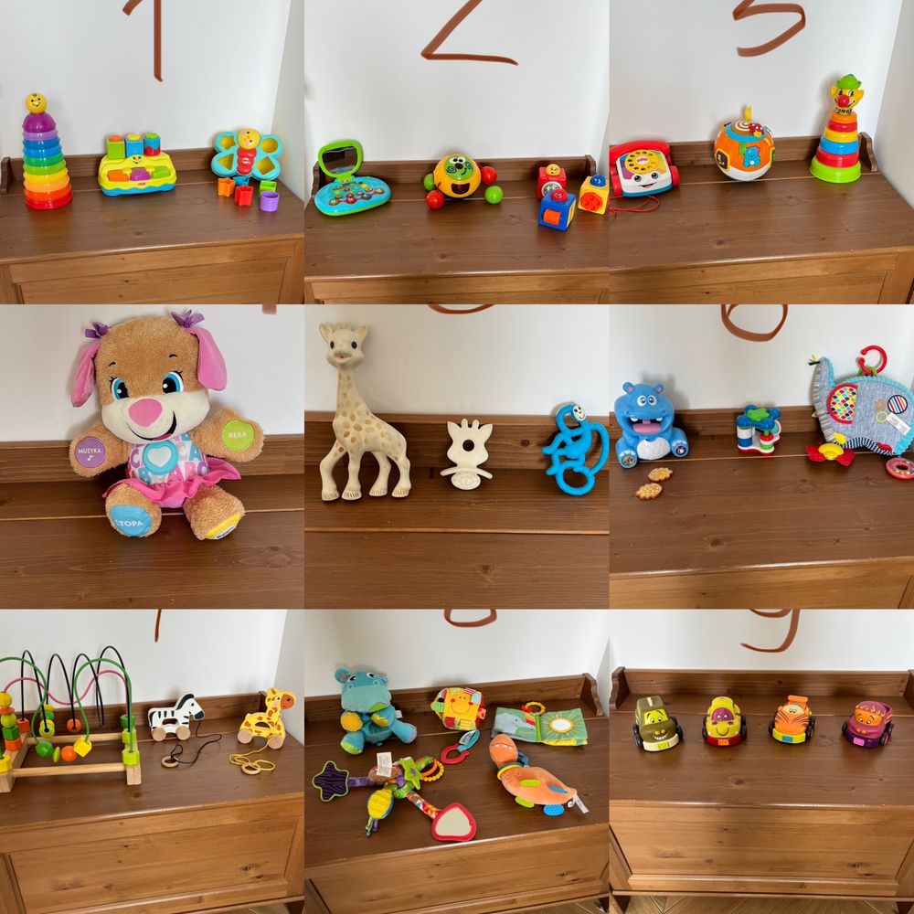 Zestaw zabawek niemowlęcych btoys lamazze Fisher price  drewniane