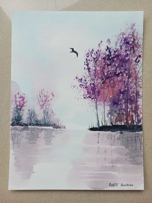 Akwarela Akwarelka Obraz pt. Nad Wodą 18 x 24 cm