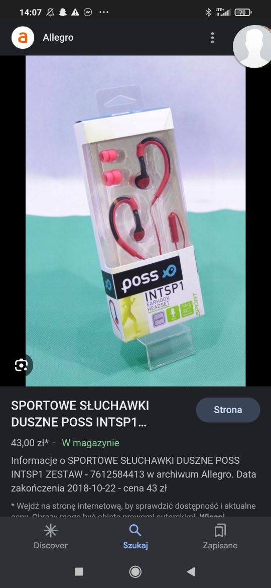 Słuchawki sportowe douszne poss intsp1