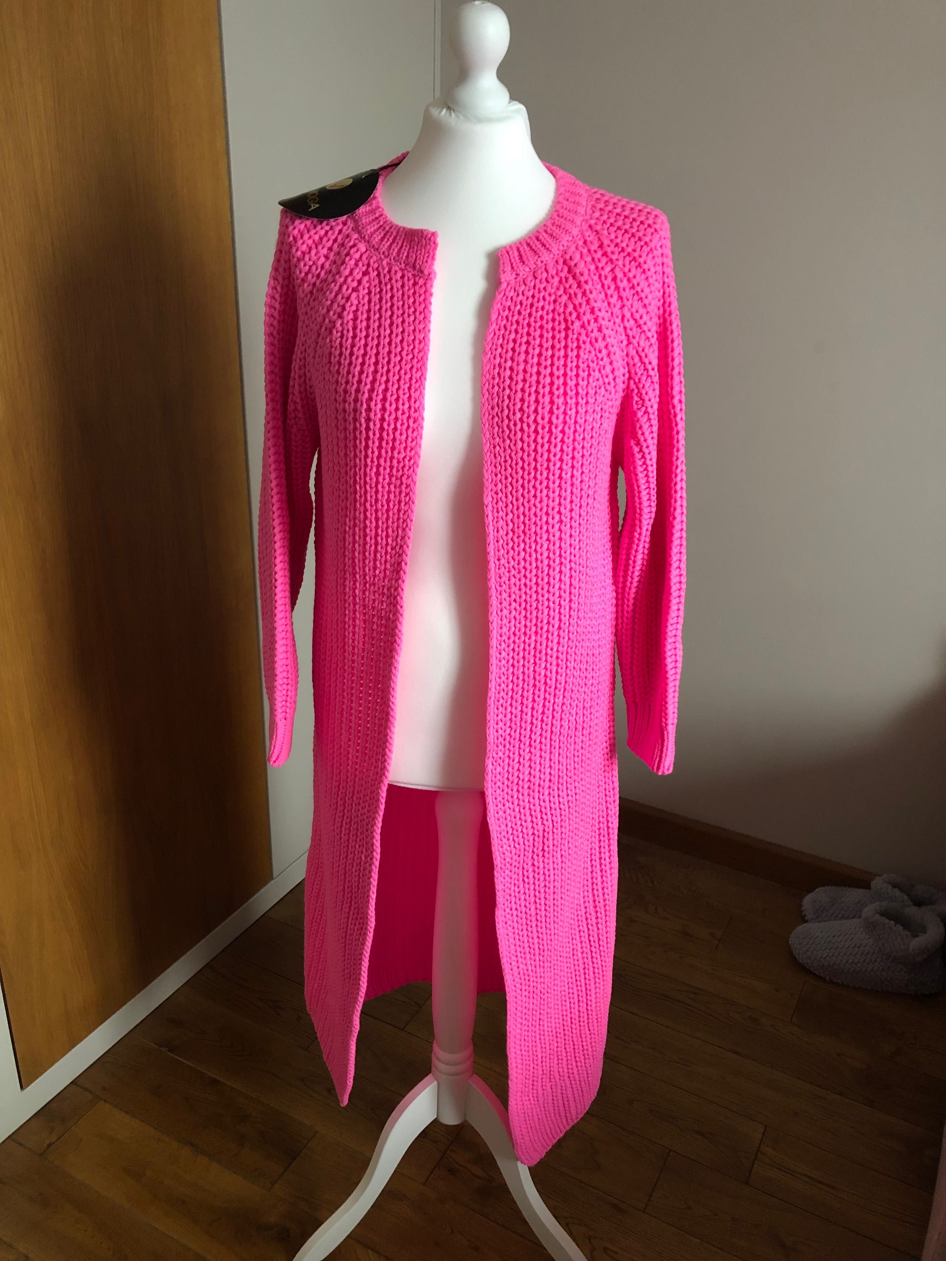 Sweter kardigan różowy długi nowy z papierową metką