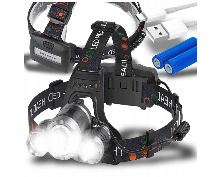 Latarka Czołowa Czołówka LED Akumulatorowa USB Mocna CREE 4 Tryby