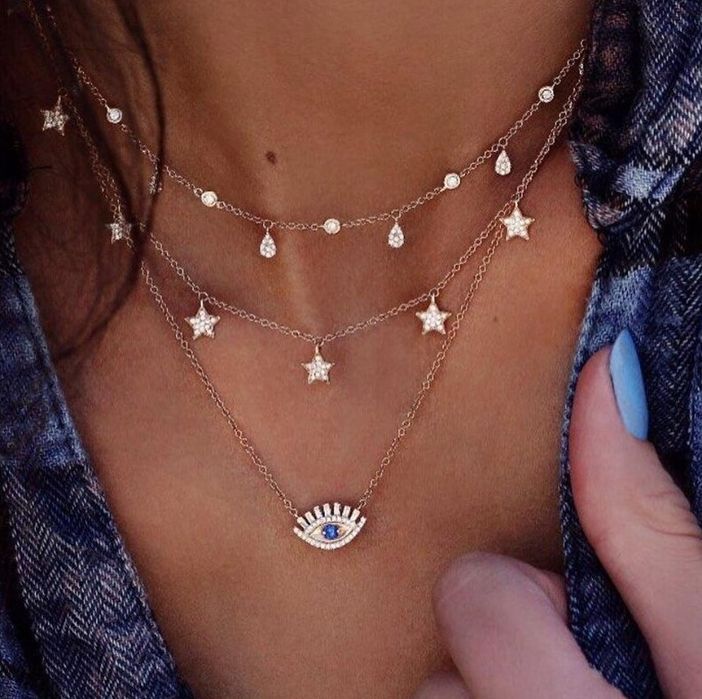 Naszyjnik Kaskadowy Choker Celebrytka Boho Oko Proroka Gwiazdy