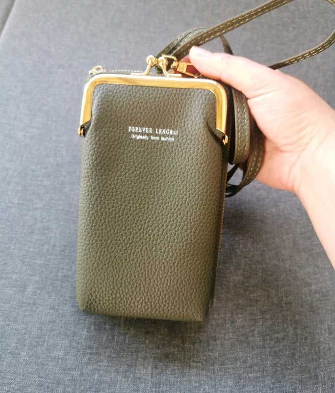 Modna mini torebka damska khaki złotymi okuciami elegancka praktyczna