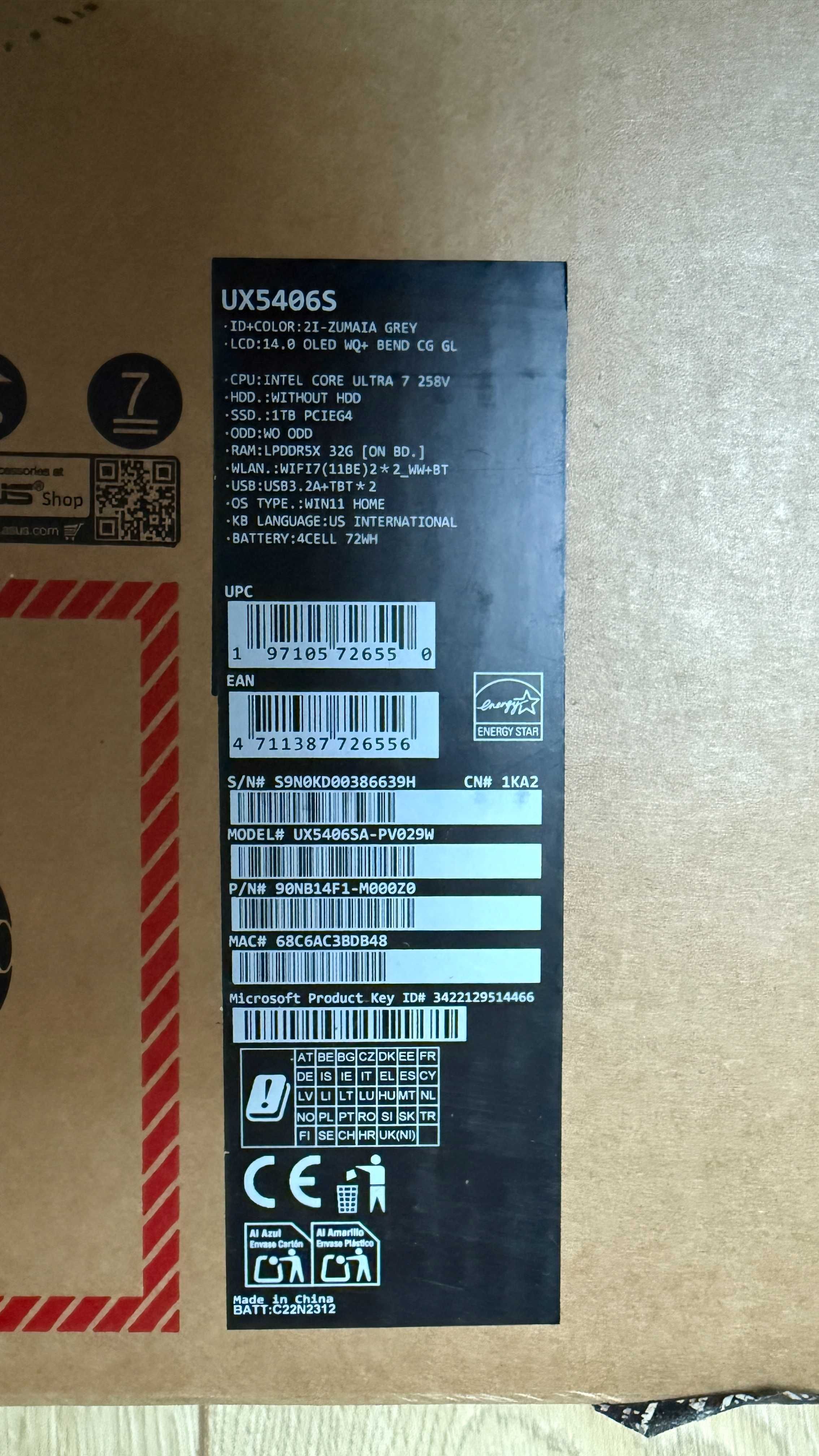 ASUS ZENBOOK S14 OLED UX5406SA-PV029W 14 Ultra 7 258V 32GB RAM 1TB