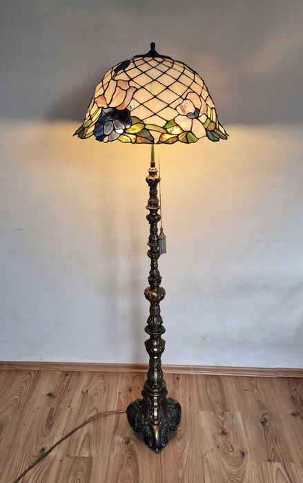 Lampa witrażowa stojąca podłogowa styl Tiffany noga mosiądz vintage