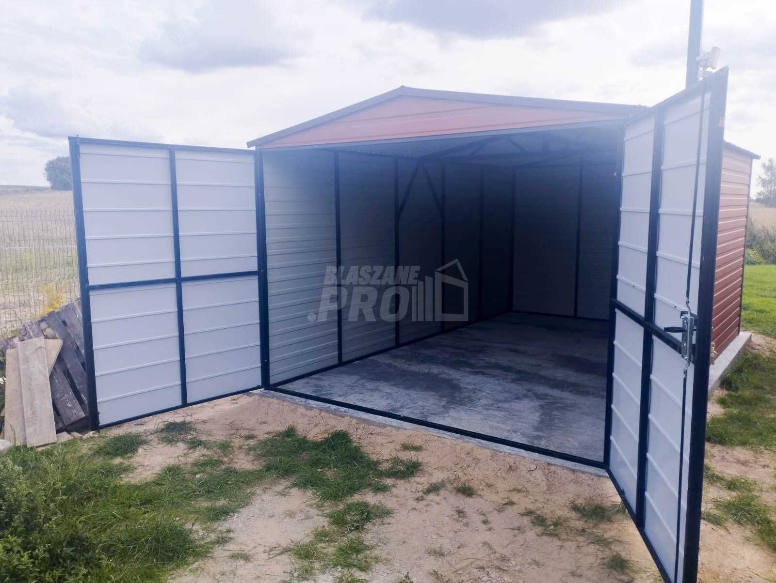 Garaż blaszany 3x5 Brama + drzwi -  Brąz  dwuspadowy GP210