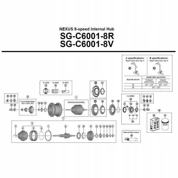 Wkład piasty Shimano Nexus 8 SG-C6001-8R / 8V 184mm