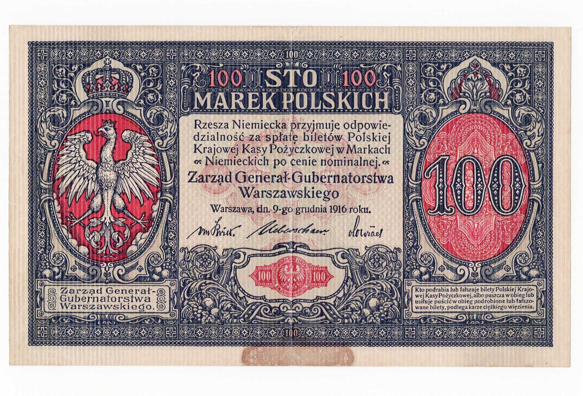 100 marek 1916 A Generał piękny 100 marek polskich 1916 ser A prążki