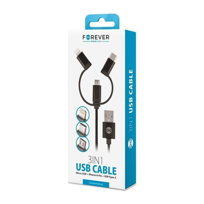 Forever Kabel 3W1 Usb - Lightning + Usb-C + Microusb 1,0 M 1,5A Czarny