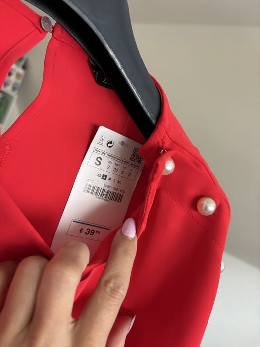 Zara basic czerwona koszula szyfonowa szyfon tiul perly perelki 36 38