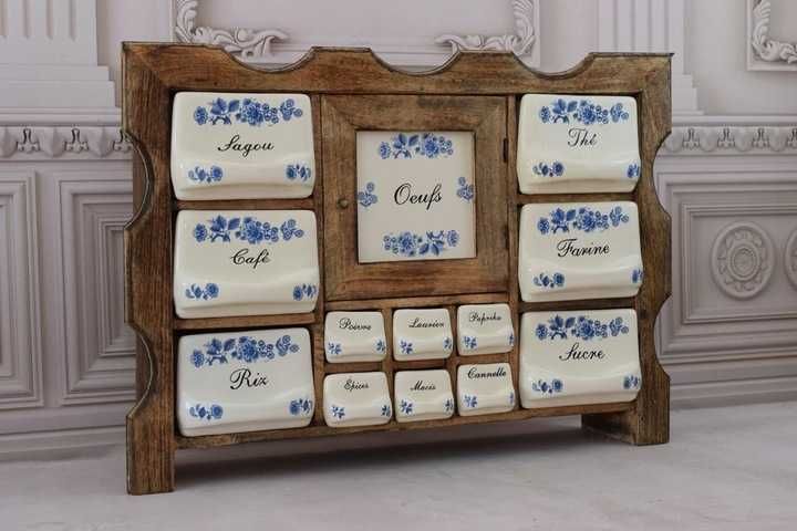 Wisząca Szafka na Przyprawy - Przyprawnik - Porcelana + Drewno