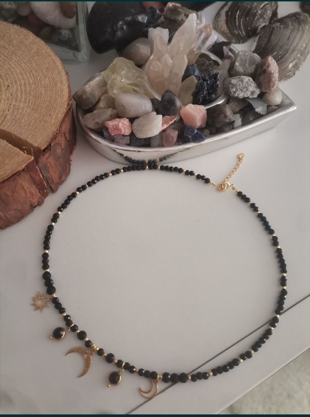 Naszyjnik choker kamienie turmalin lunula słońce księżyc regulacja