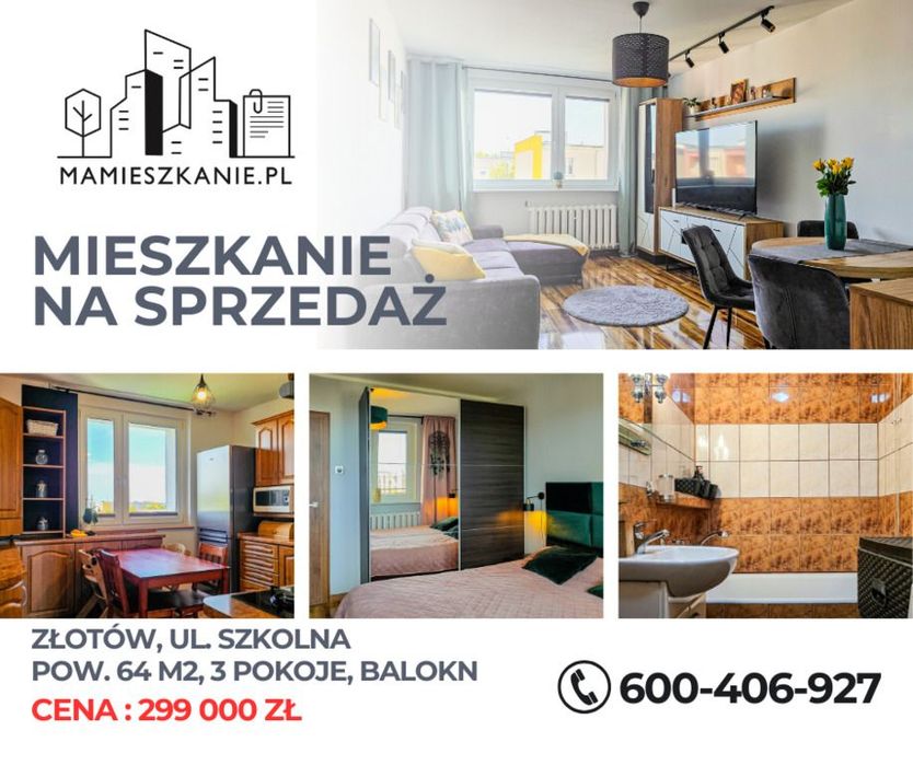 3 pokoje z balkonem, 64 m² – Złotów, Szkolna