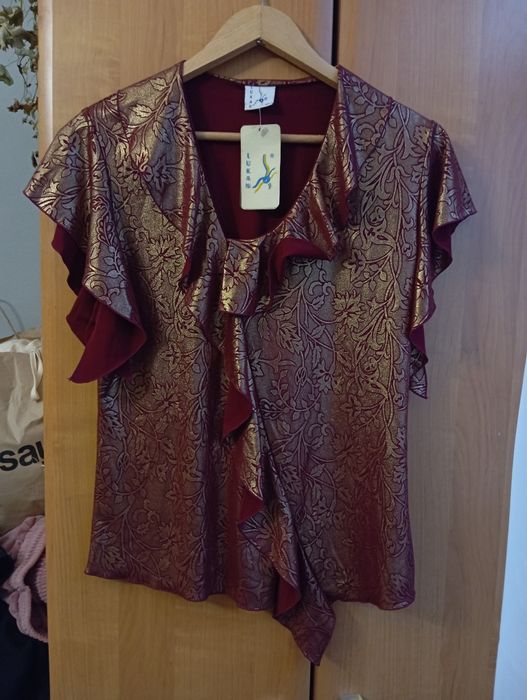 Bordowo-złota bluzka z krótkim rękawem, falbany, zdobienie, Lukan