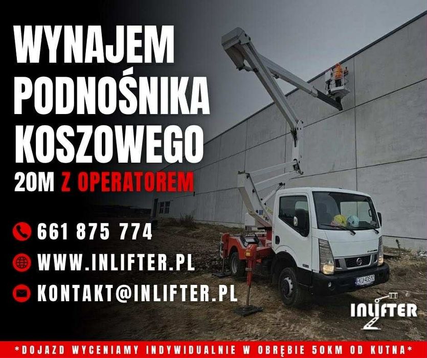 Podnośnik koszowy zwyżka na aucie 20m z operatorem WYNAJEM WYSIĘGNIK