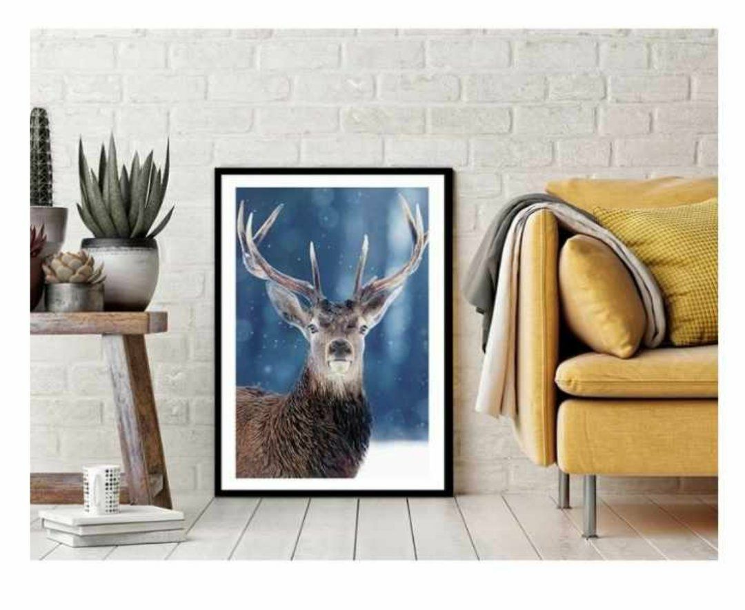 Plakat świąteczny 40x50 jeleń renifer zima las NOWY