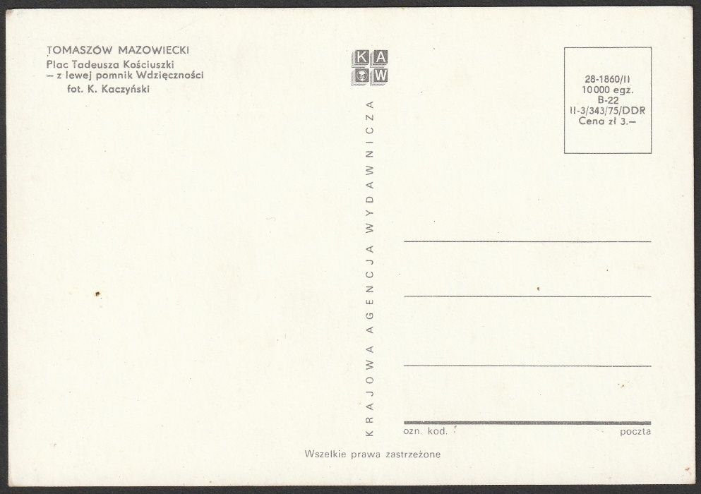 pocztówka - Tomaszów Mazowiecki - 1975 - plac Kościuszki - pomnik