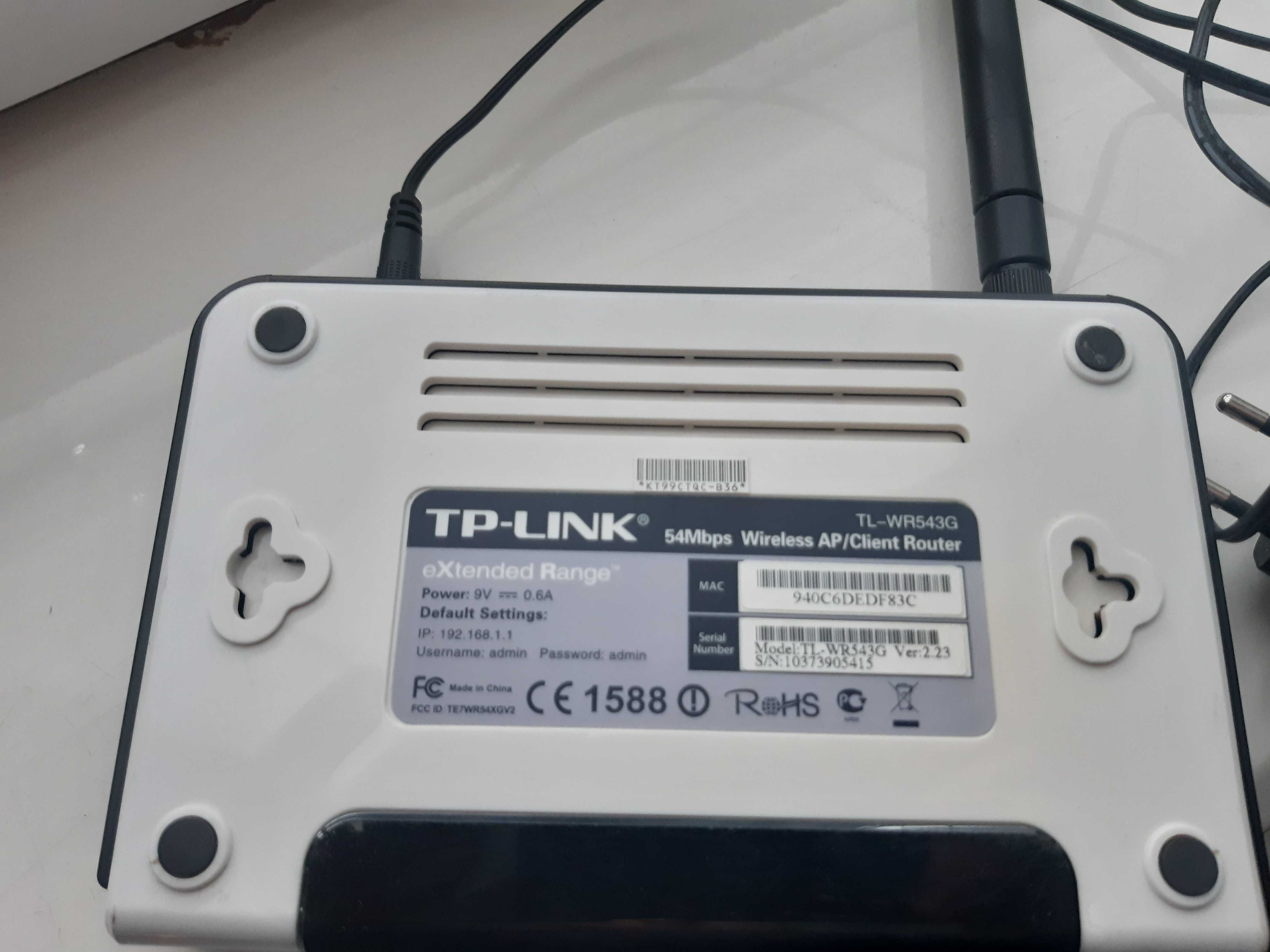 Router TP-Link TL-WR543G wraz z zasilaczem