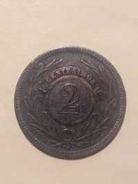 2 moedas de 2 centésimos 1869 do Uruguai