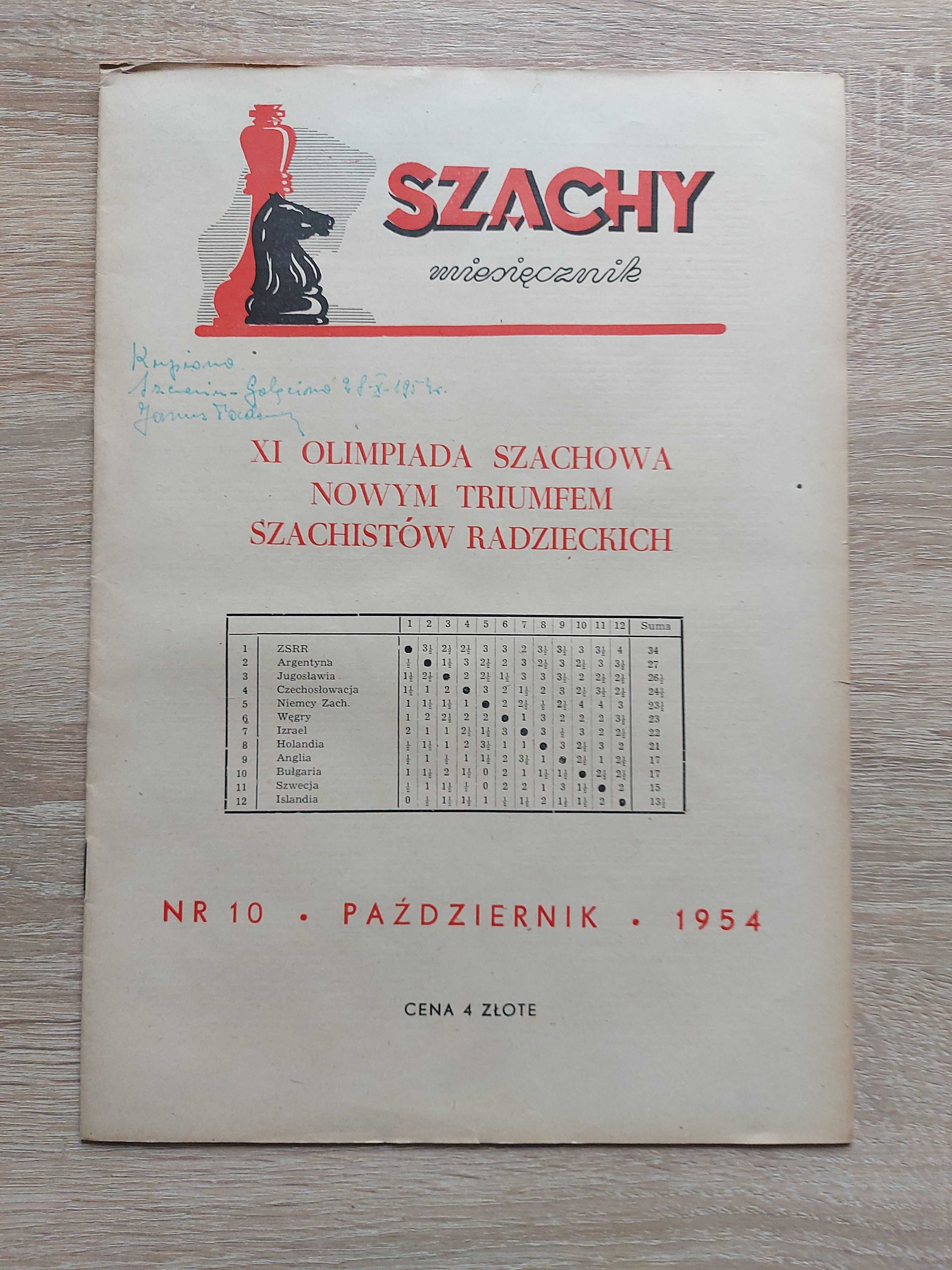Miesięcznik SZACHY z 1954 roku. Numery : 3,7,10,12. Duży format.