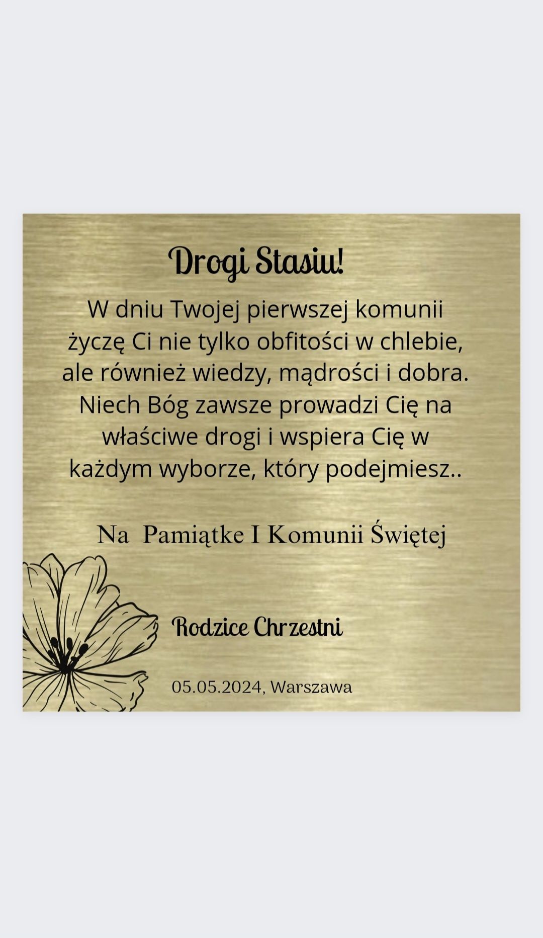 Elegancka srebrna/złota personalizowana kartka aluminiowa na komunię i