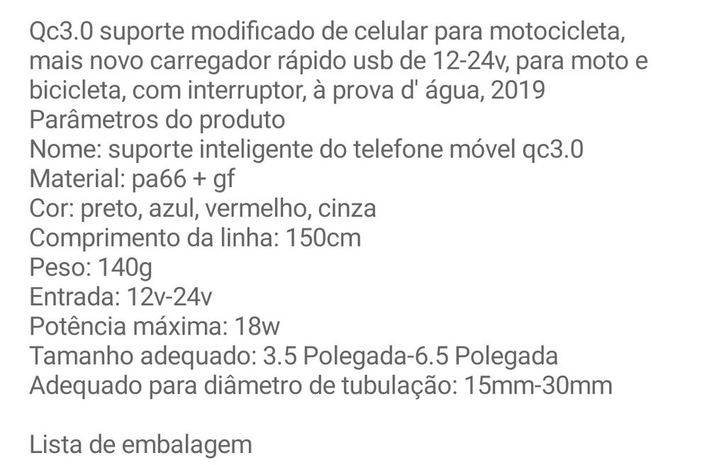 Carregador telemóvel para mota USB