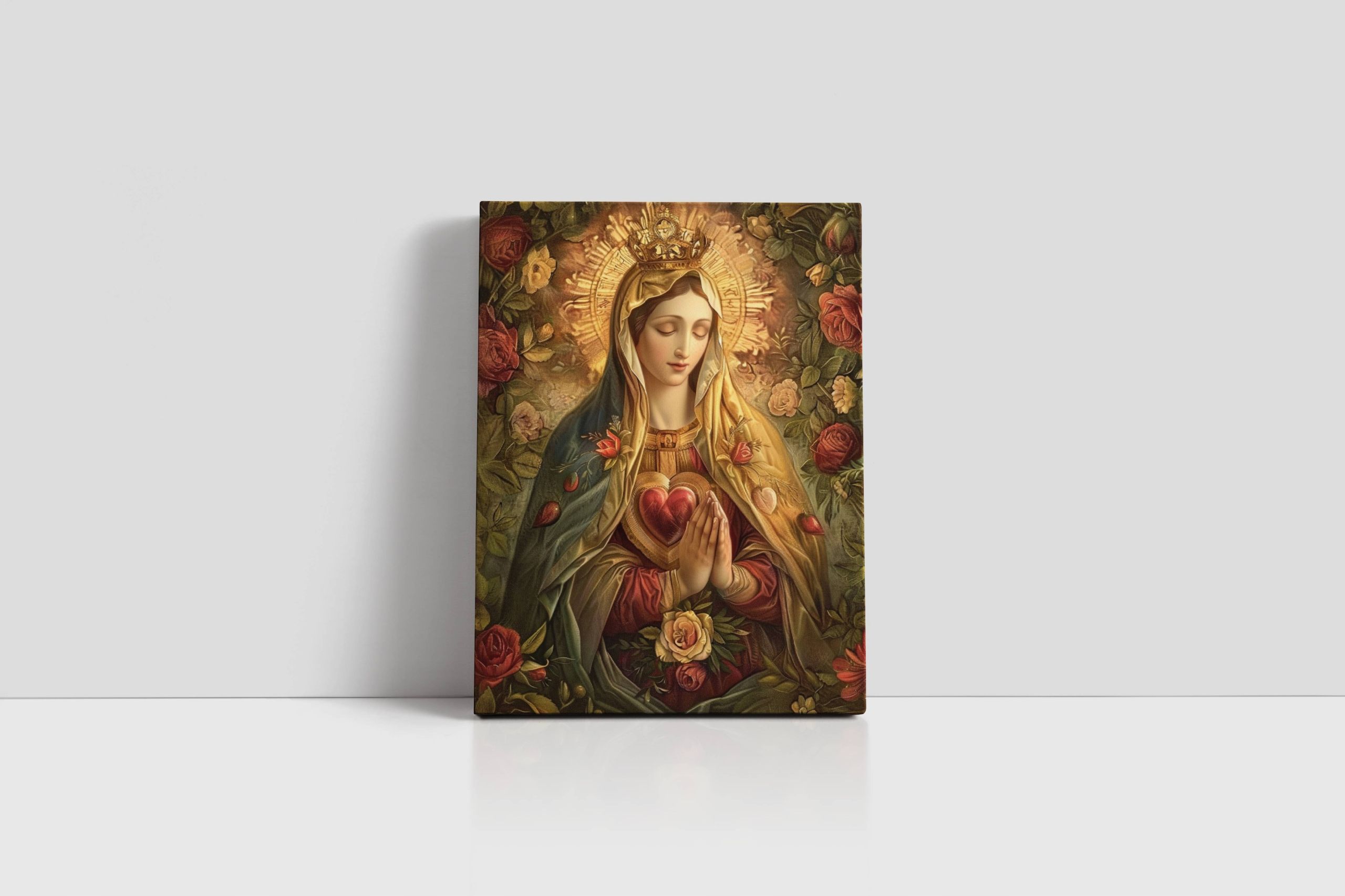 Obraz na płótnie Serce Maryi w Kwiatach 75x100 cm – sztuka sakralna
