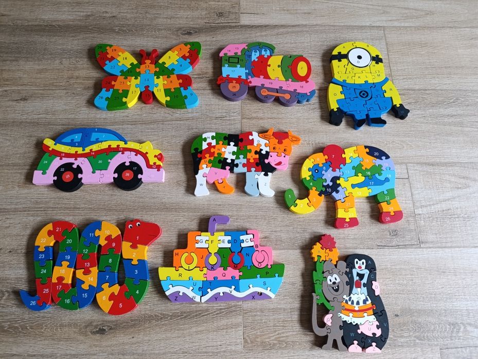 Zestaw puzzli drewnianych do nauki alfabetu i liczenia