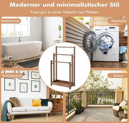 Drewniany wieszak na ręczniki COSTWAY 3-poziomowy z półką