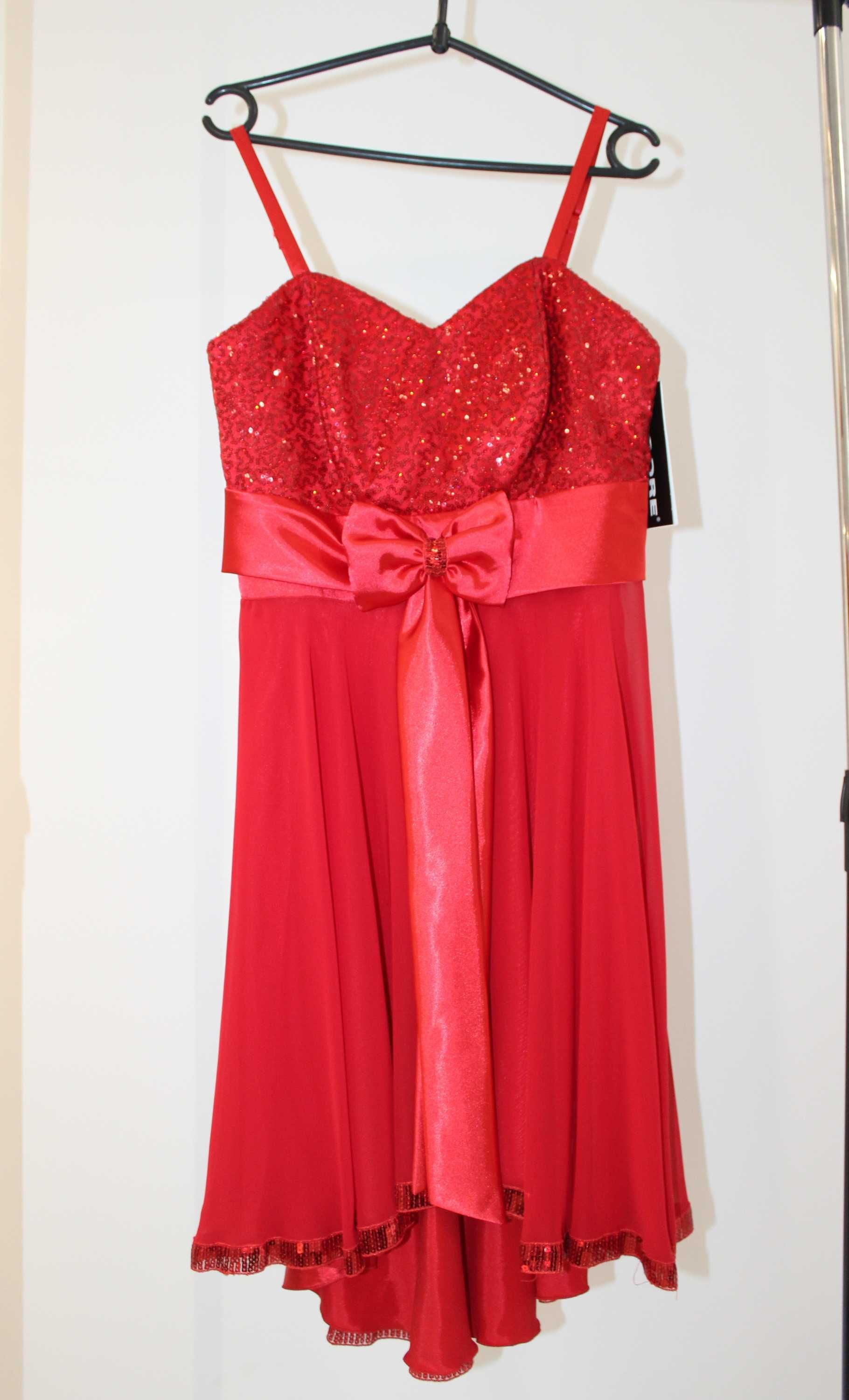 40. czerwona sukienka wizytowa Rigore, r. 40 asymetryczna, cekiny NOWA