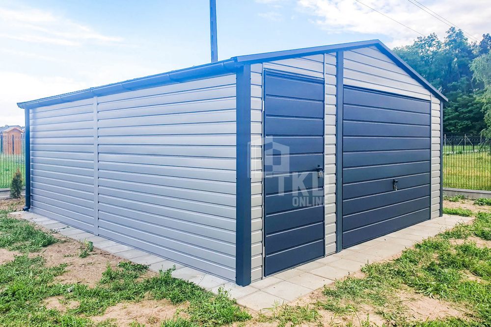 Garaż Blaszany 5X6M Brama Uchylna Drzwi Antracyt Srebrny Rynny Tkd216