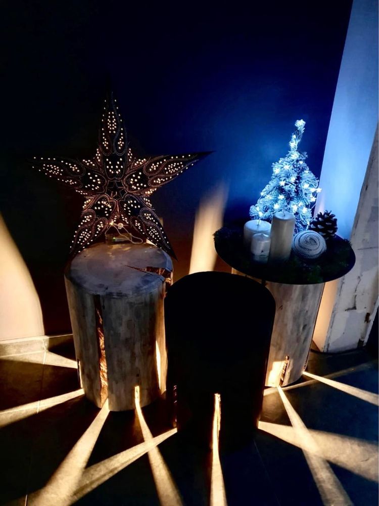 Lampa ozdobna z pnia drewna, styl skandynawski