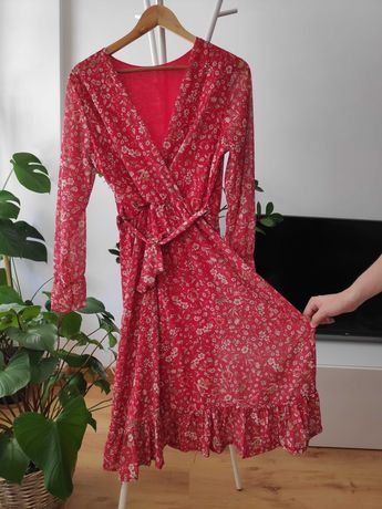 Vestido Floral Comprido com cinto e manga comprida Vermelho Tamanho M