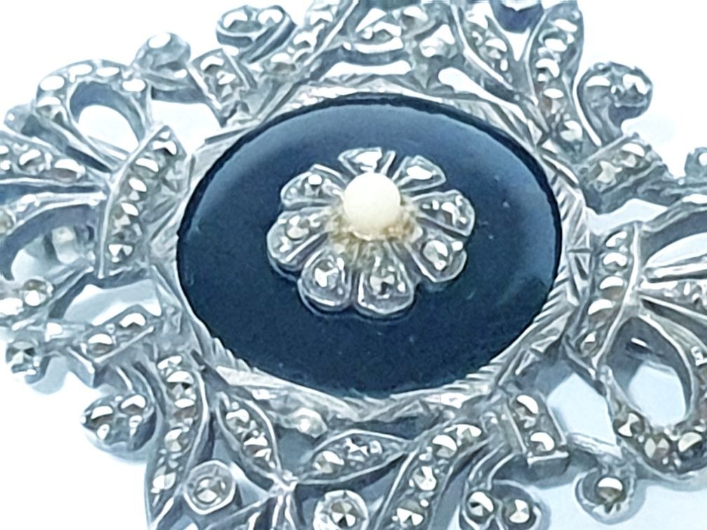Antiga pregadeiras em prata portuguesa com onix e marcasites